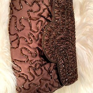 Vintage Walborg Hand Made in China brown satin beaded bag clutch purse